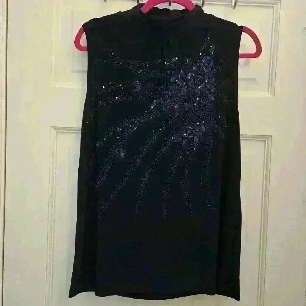 Bleeker & Mcdougall Sequins +Beads Navy Blue Sleeveless Tops,XL - Picture 2 of 3